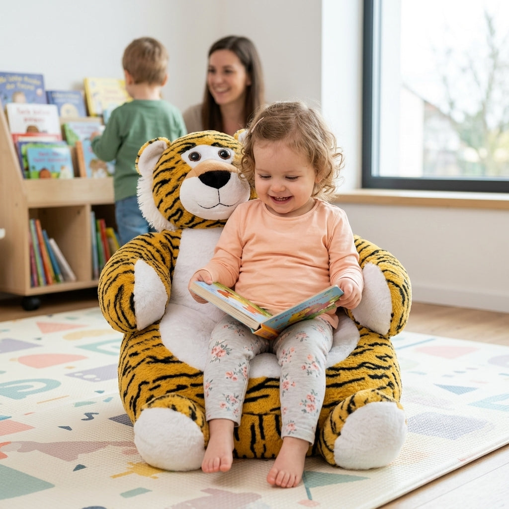 Plišana fotelja životinje miks tigar u kutku za čitanje u vrtiću