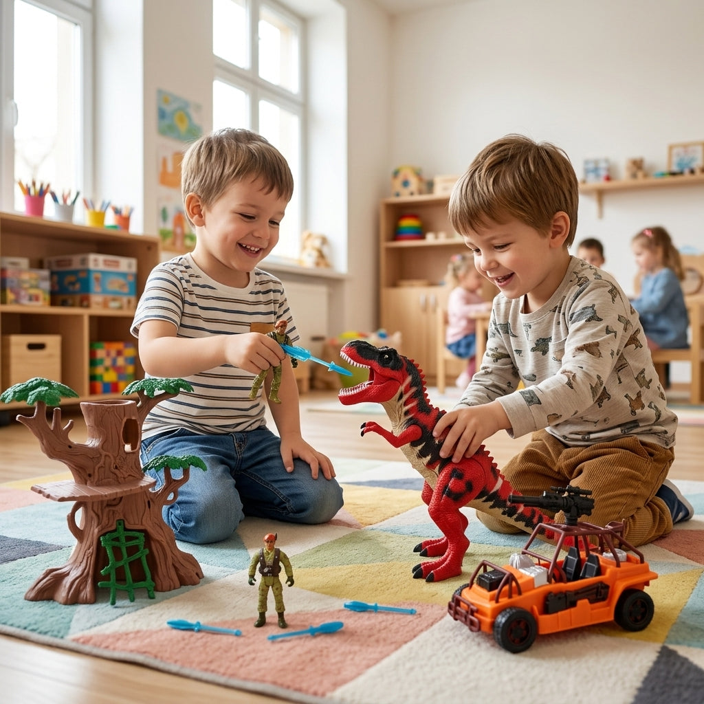 Dečji set dinosaurusa i vojnika u vrtiću gde se dva dečaka igraju na podu