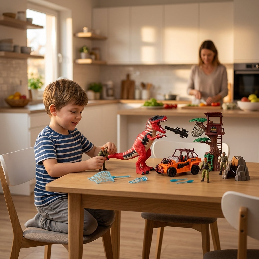 Dečji set dinosaurusa i vojnika postavljen na trpezarijskom stolu u stanu