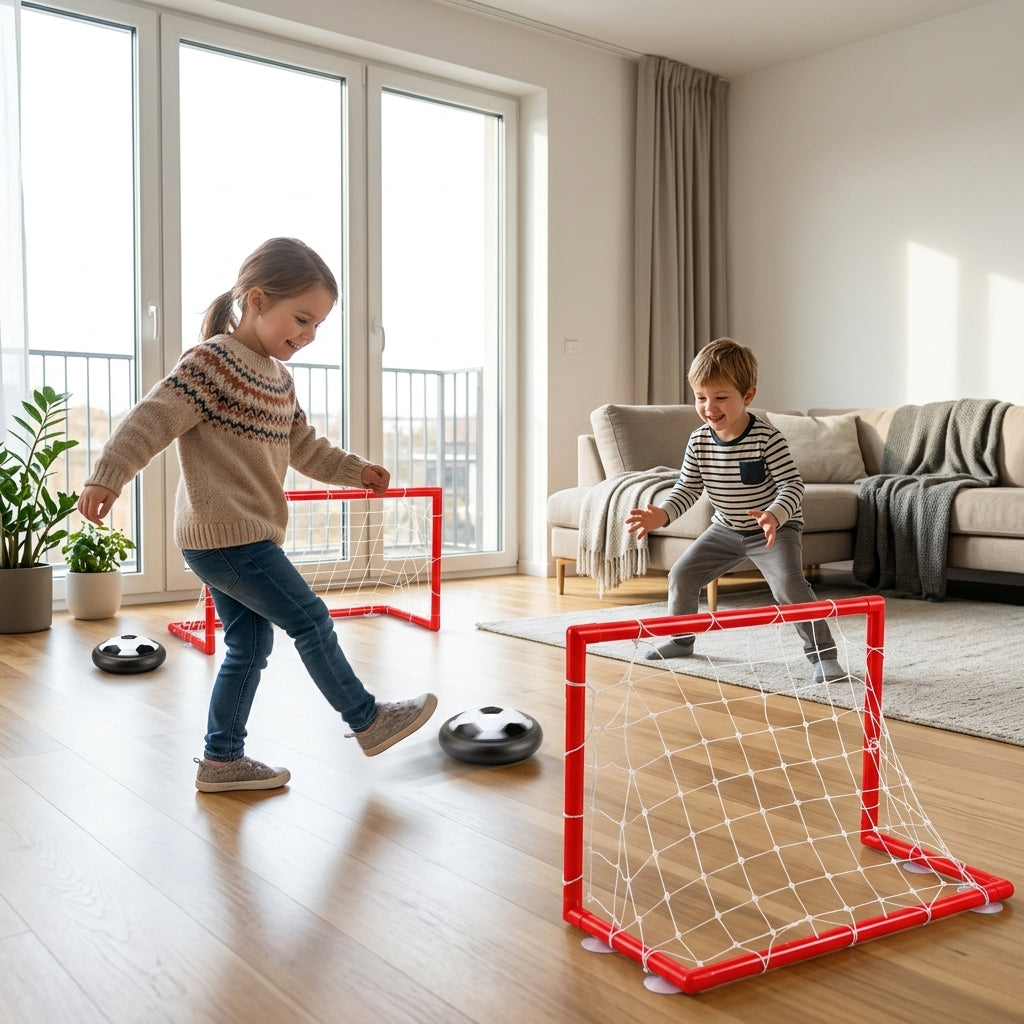 Fudbalski set sa dva gola i loptom tokom igre dvoje dece kod prijatelja