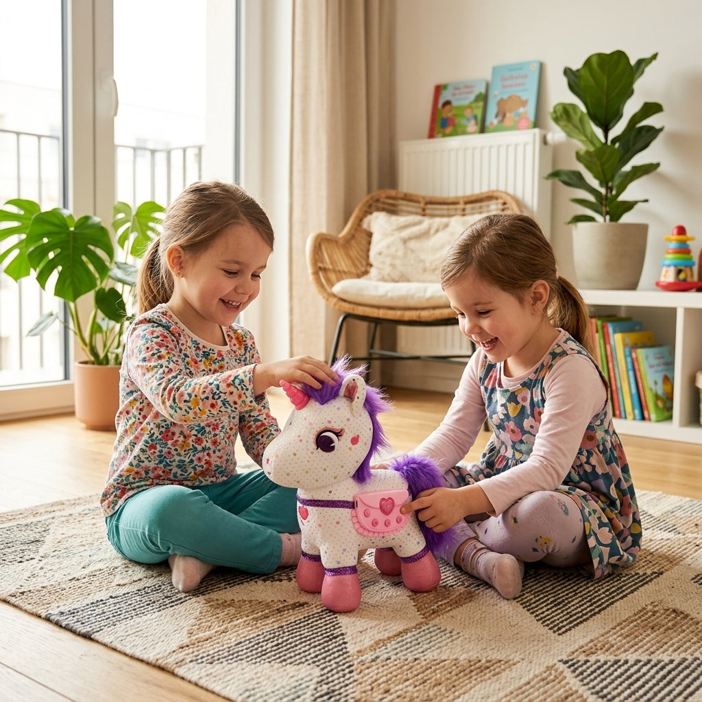 Interaktivni jednorog na tepihu u dnevnoj sobi tokom igre dve devojčice