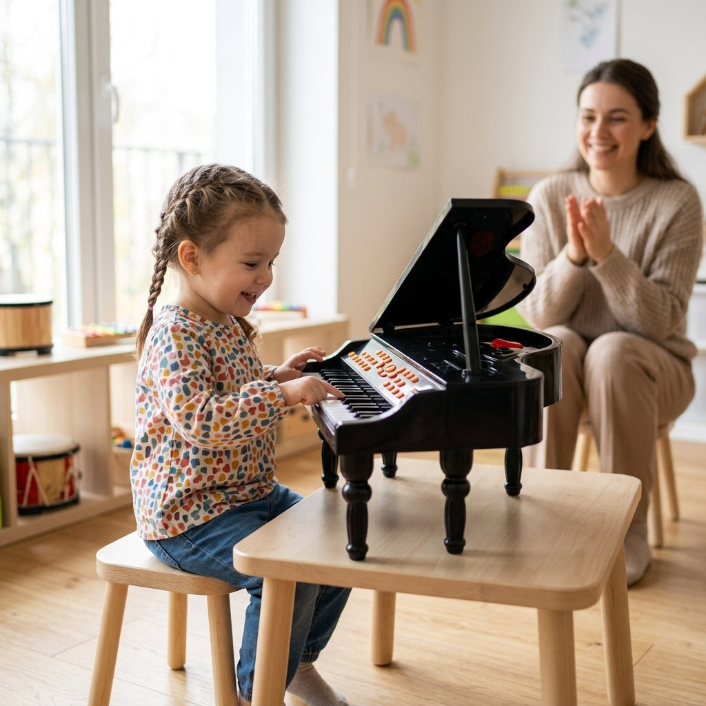 Dečji klavir 48 cm u muzičkom kutku vrtića dok devojčica svira.