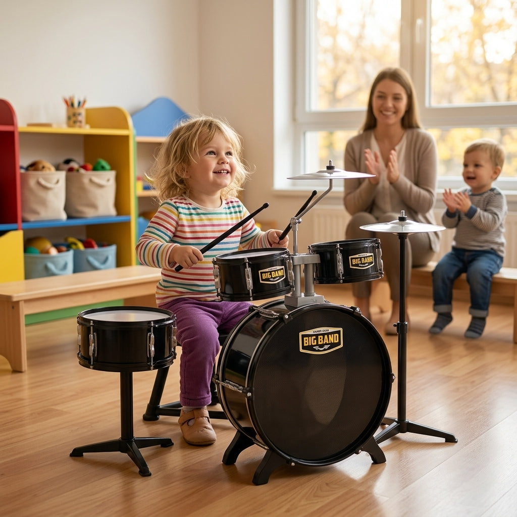 Dečji set bubnjeva u vrtiću sa devojčicom koja stvara muziku
