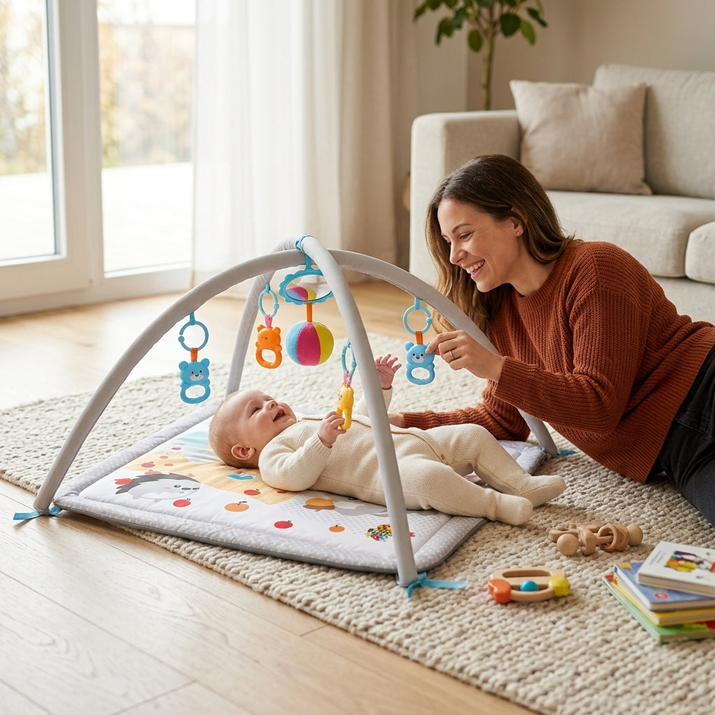 Bebi prostirka za igru u dnevnoj sobi sa mamom i bebom