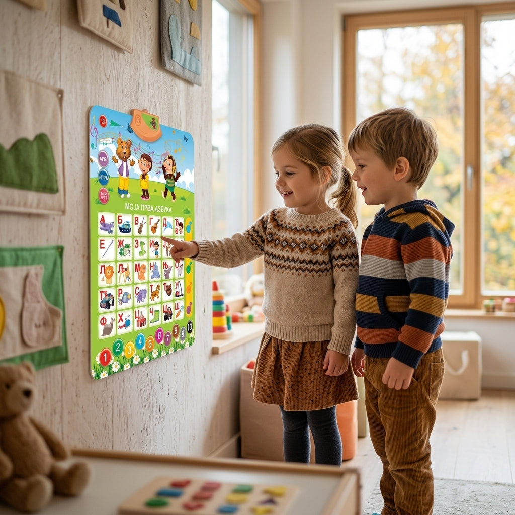 Interaktivni poster moja prva azbuka zakačen na zidu vrtića dok deca uče azbuku
