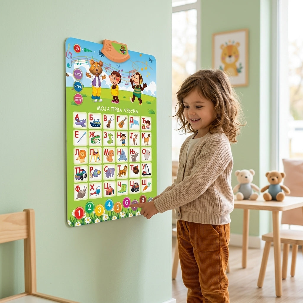 Interaktivni poster moja prva azbuka na zidu čekaonice dok devojčica pritiska dugmiće