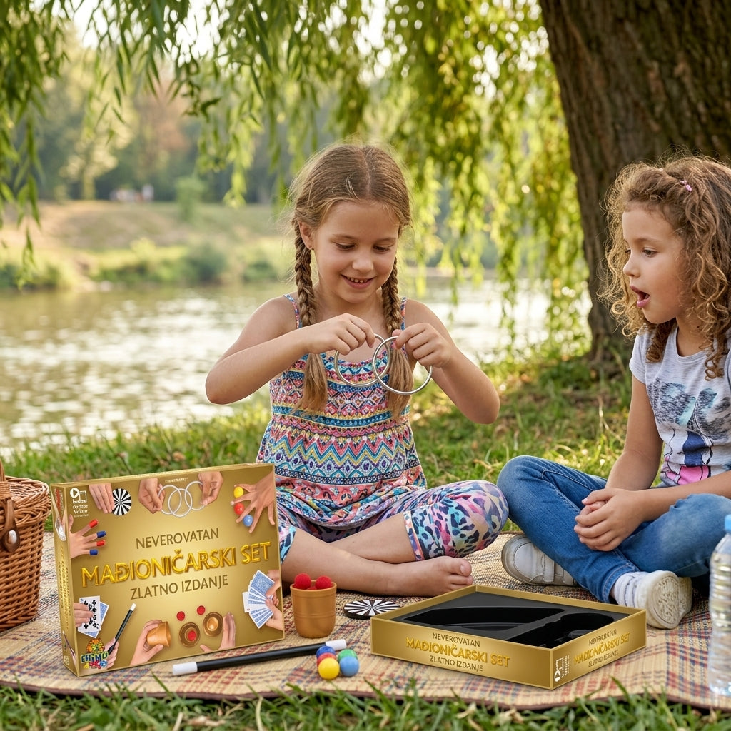 Mađioničarski set trikova 45 cm na piknik ćebetu pored reke