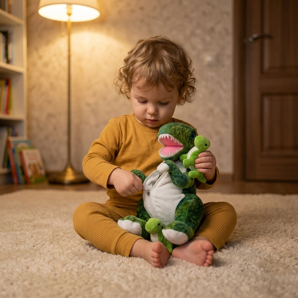 Plišana igračka dinosaurus sa bebama u rukama deteta na tepihu pod lampom