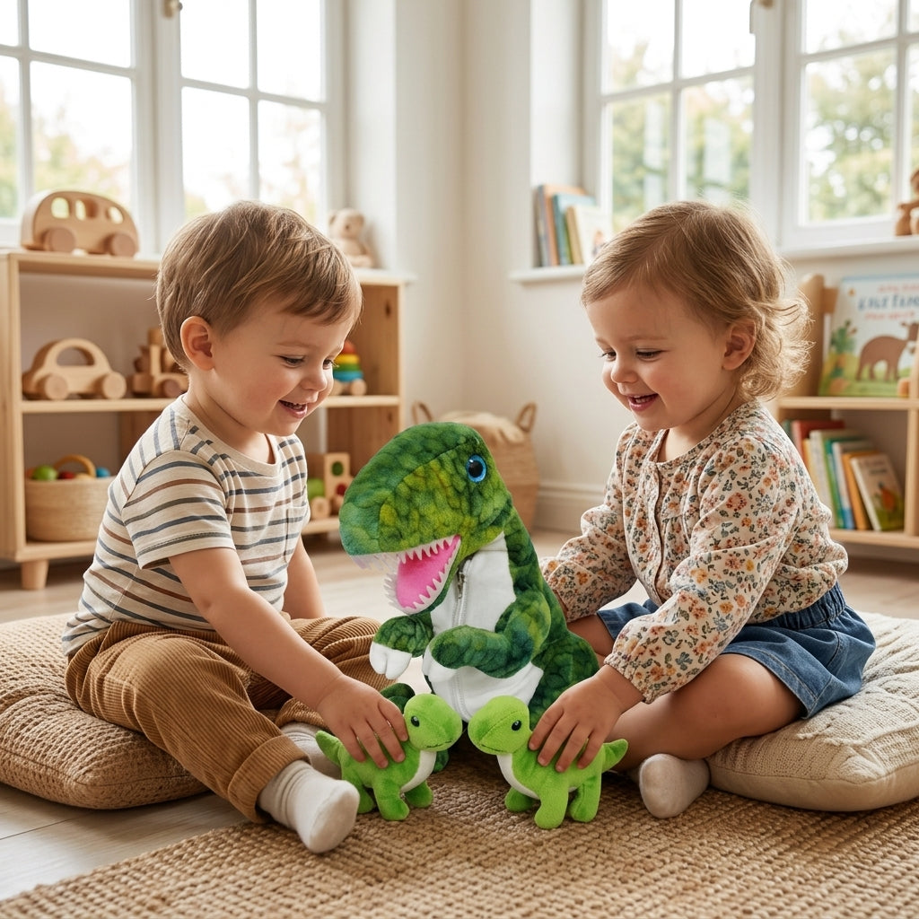 Plišana igračka dinosaurus sa bebama u kutku za igru u vrtiću