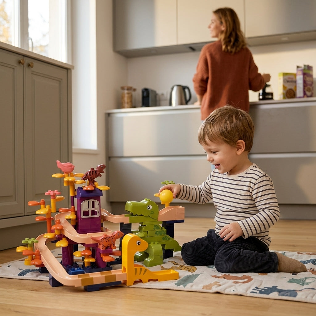 Kocke dinosaurus 183 dela dečak se igra u kuhinji na prostirci