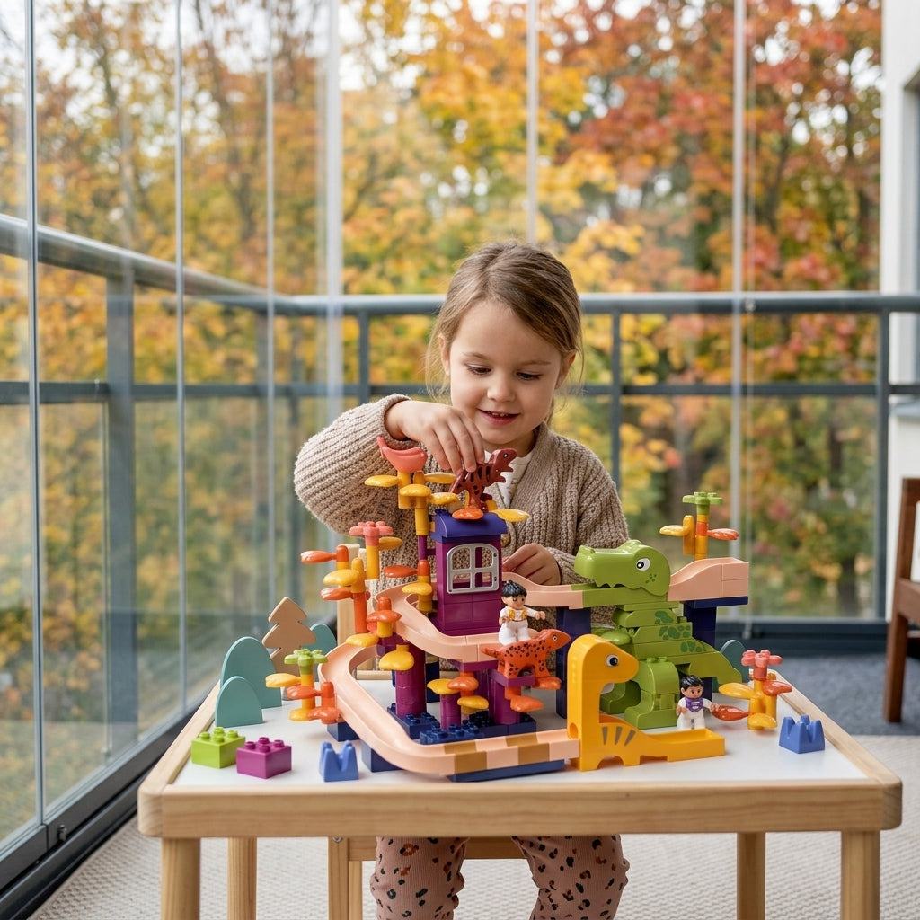Kocke dinosaurus 183 dela devojčica pažljivo slaže kule na zastakljenoj terasi