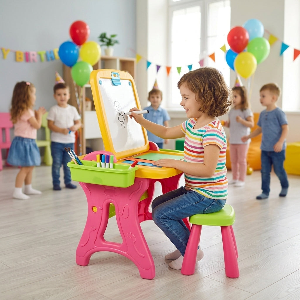 Sto i tabla sa stolicom roze 2 u 1 u uspravnom režimu table na dečijem rođendanu