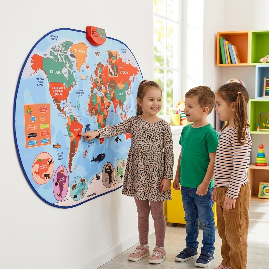 Velika zvučna mapa sveta okačena na zid u vrtiću dok se troje dece igra
