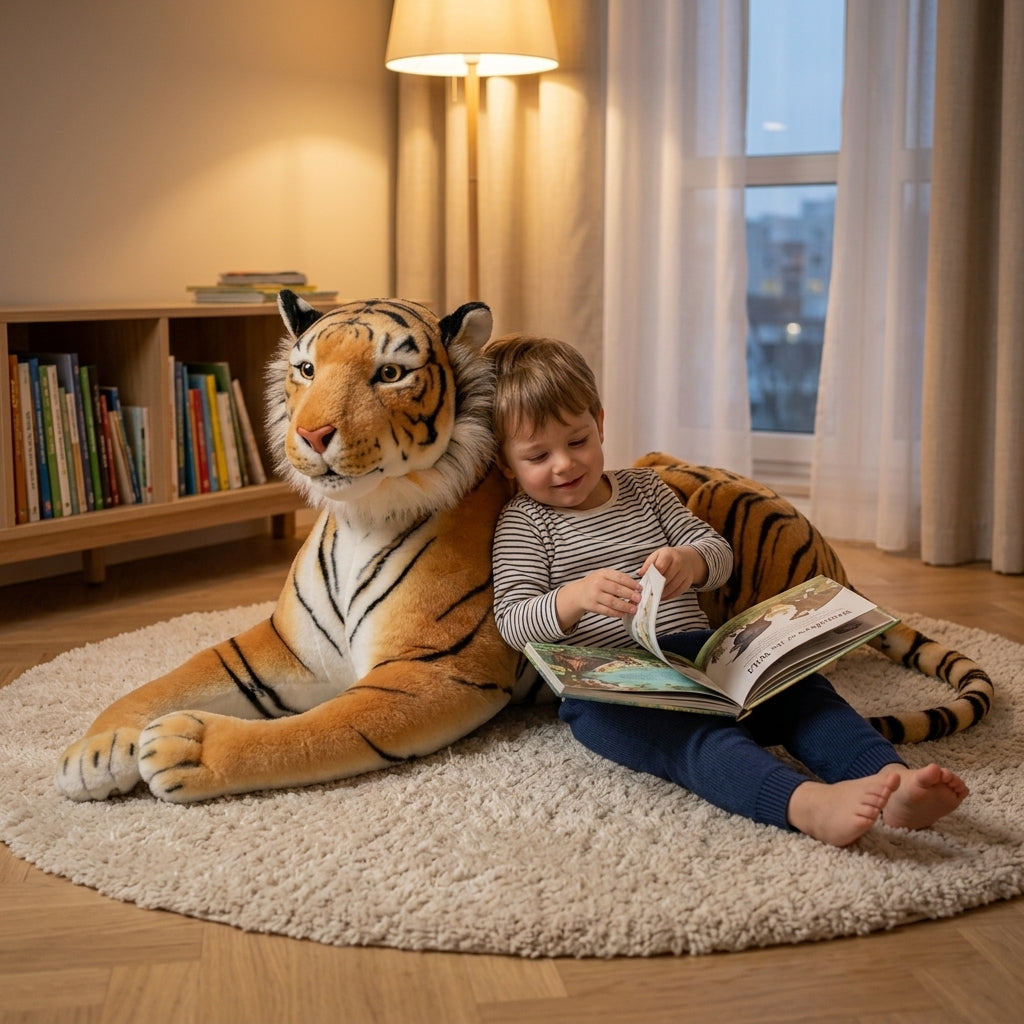 Plišana igračka tigar kao udoban oslonac za trogodišnjeg dečaka u kutku za čitanje