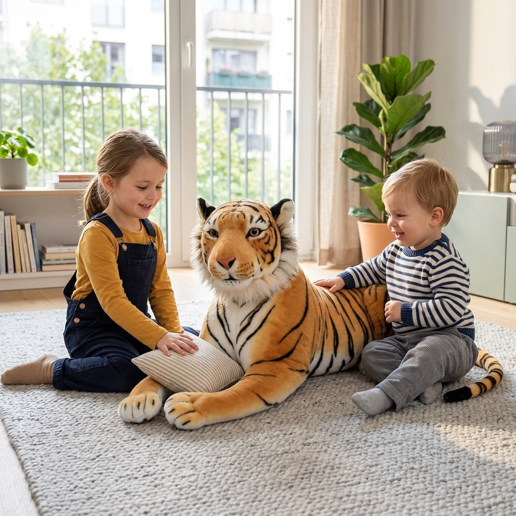 Plišana igračka tigar u igri sa bratom i sestrom na tepihu u dnevnoj sobi