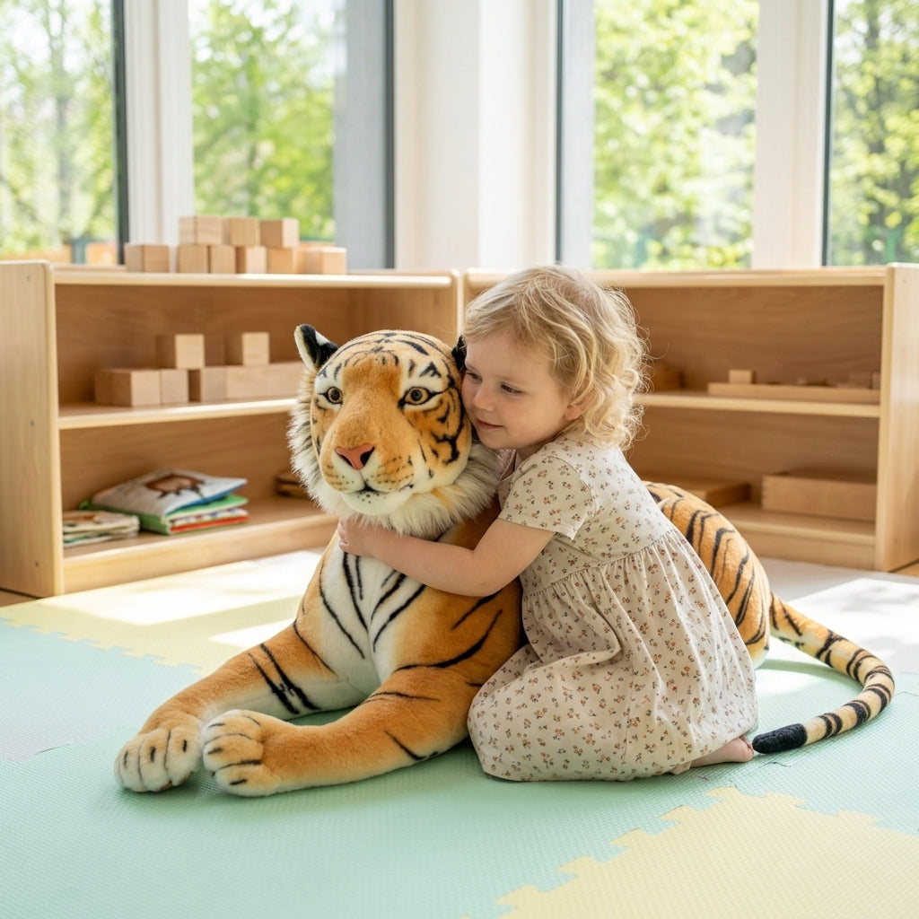 Plišana igračka tigar u vrtićkom kutku za odmor sa devojčicom