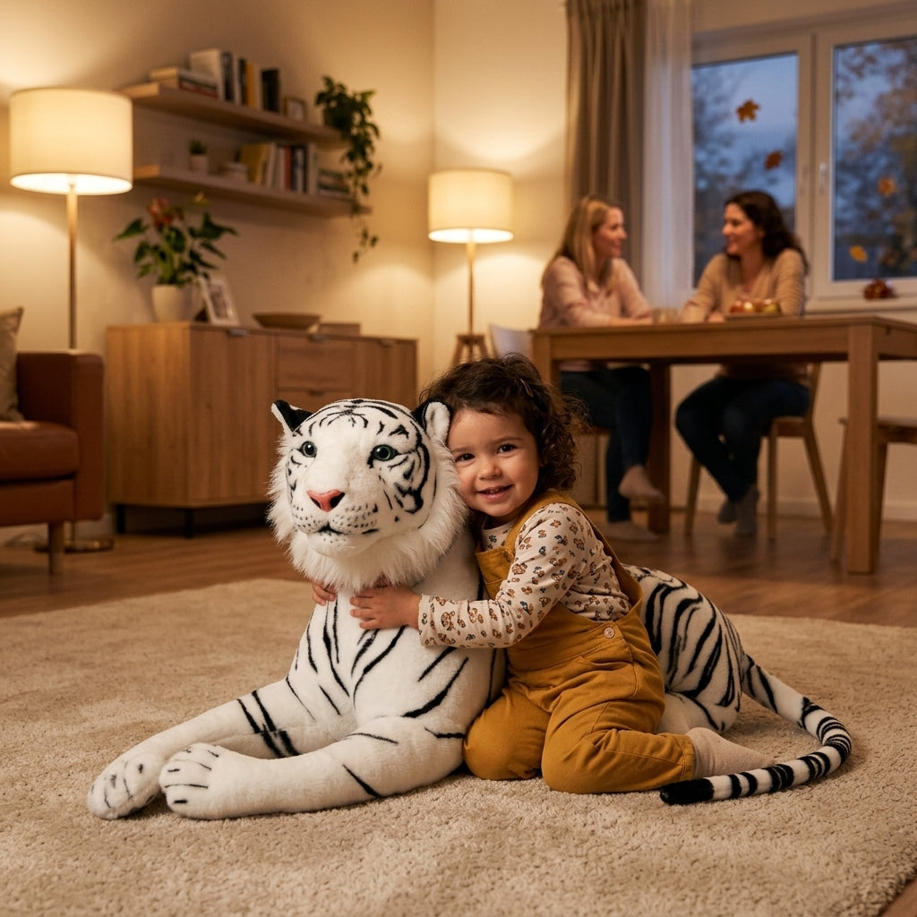 Plišana igračka beli tigar na tepihu u dnevnoj sobi dok ga devojčica grli