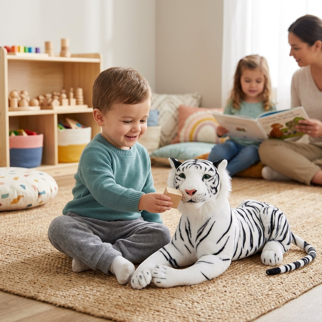 Plišana igračka beli tigar u mirnom kutku predškolske učionice