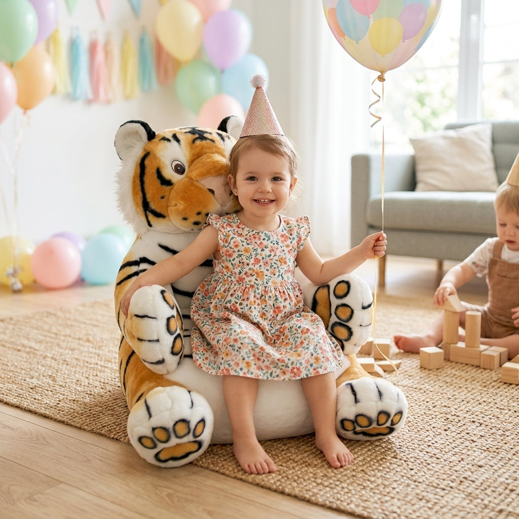 Plišana sofa tigar na dečijem rođendanu u dnevnoj sobi