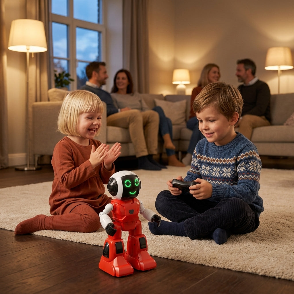 Igračka robot crveni na tepihu dok dečak u gostima upravlja njime daljinskim upravljačem