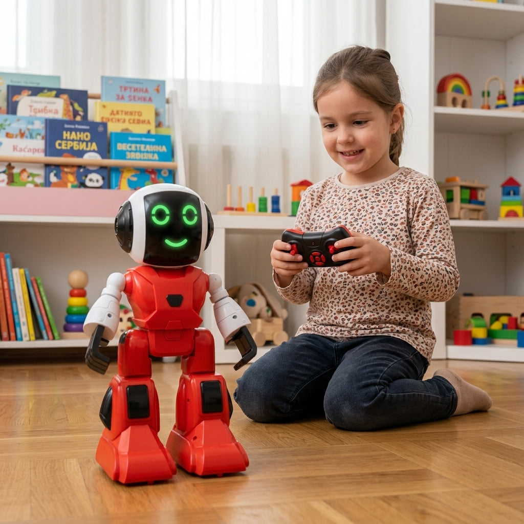 Igračka robot crveni hoda po parketu u dečijoj sobi dok ga devojčica kontroliše
