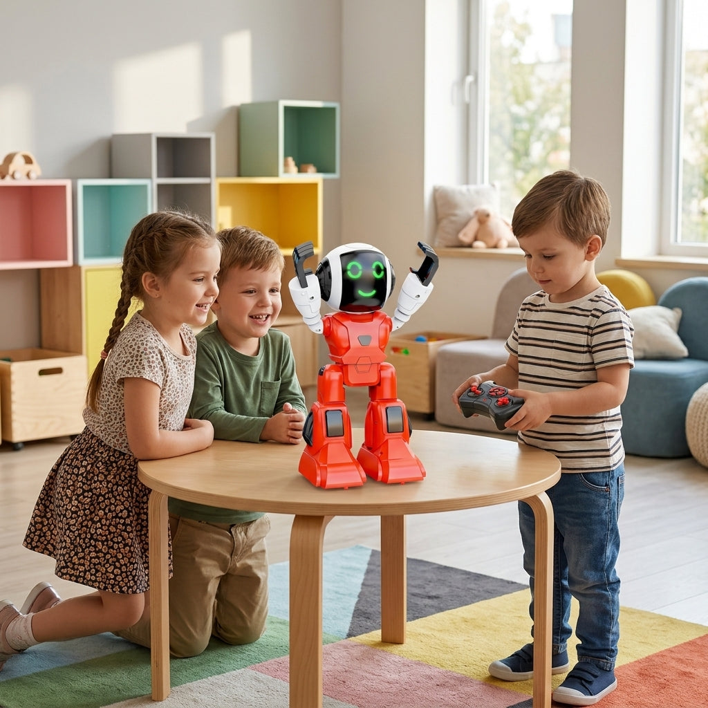 Igračka robot crveni na stolu za igru okružen radoznalom decom u vrtiću