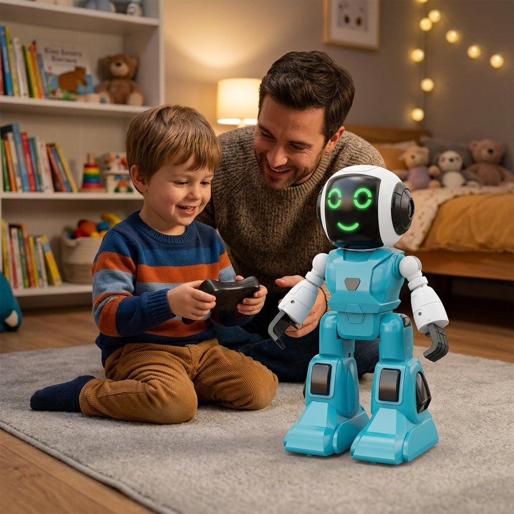 Igračka robot plavi na tepihu dečije sobe dok se dečak i otac igraju uveče