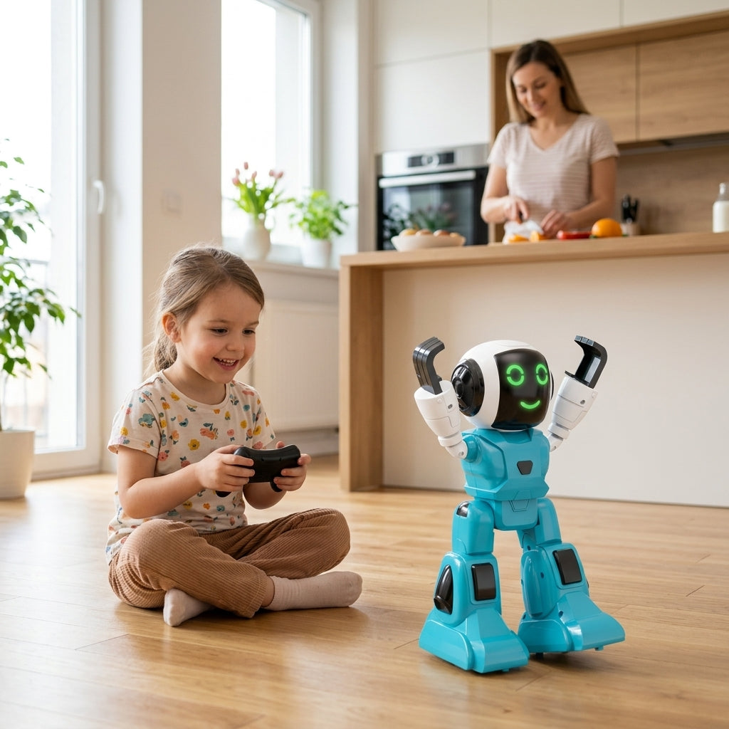 Igračka robot plavi na kuhinjskom podu dok devojčica drži upravljač