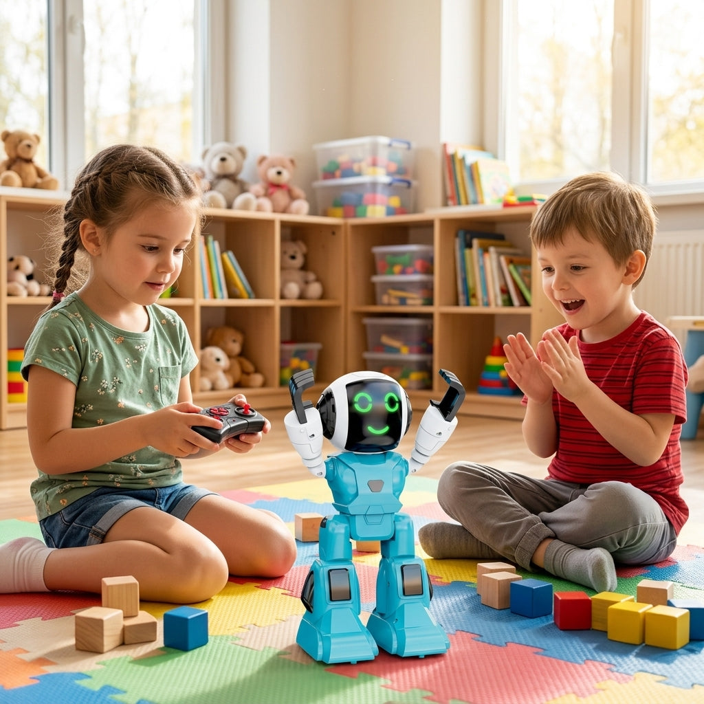 Igračka robot plavi u igraonici vrtića okružen decom koja se igraju