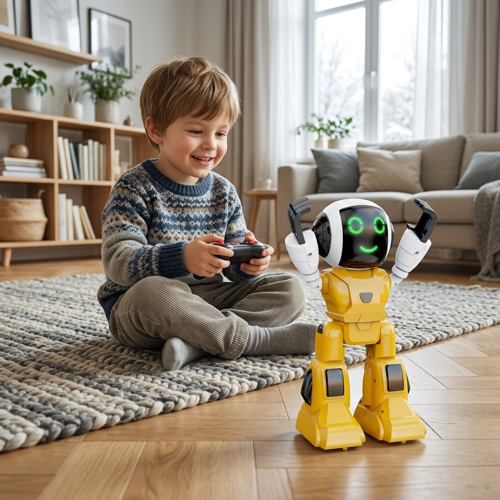 Igračka robot žuti dok hoda po parketu u toploj sobi uz daljinsko upravljanje