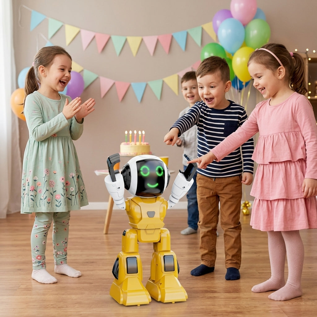 Igračka robot žuti u centru pažnje vesele dece na rođendanskoj proslavi