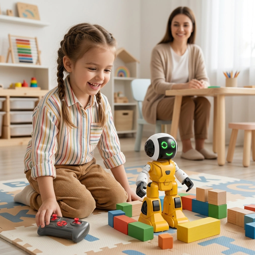 Igračka robot žuti pored drvenih kockica tokom kreativne igre u vrtiću