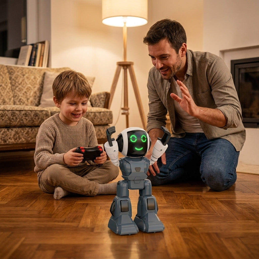 Igračka robot sivi sa svetlećim očima na parketu dok dečak i otac koriste daljinski upravljač