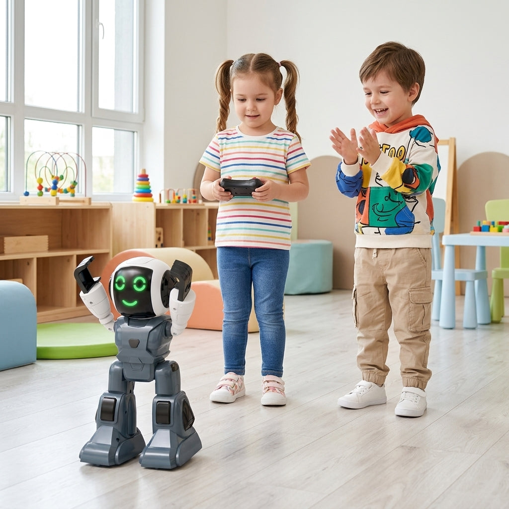 Igračka robot sivi u pokretu na podu vrtića dok ga deca radoznalo posmatraju