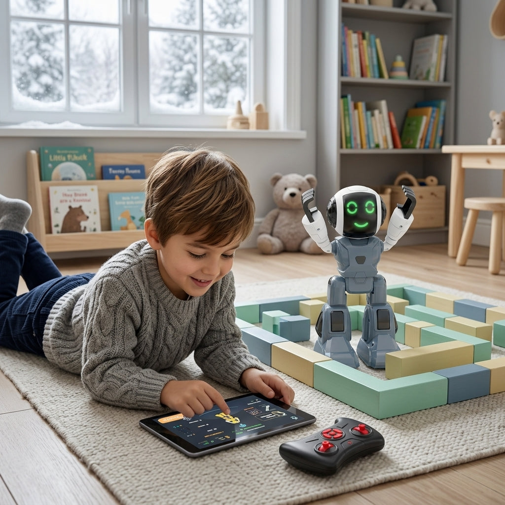 Igračka robot sivi prolazi stazu od kockica u dečijoj sobi dok dete upravlja aplikacijom