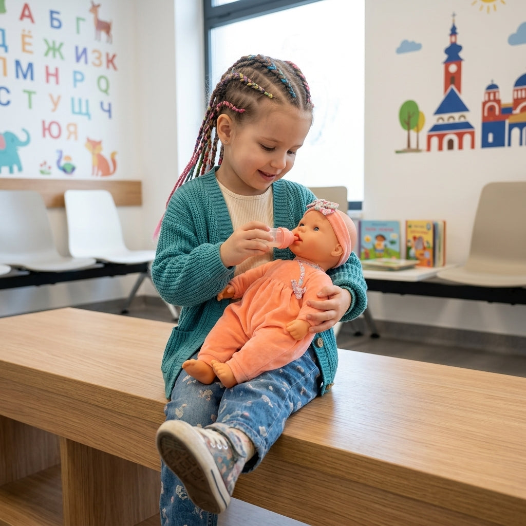 Lutka plačljivica Tilly u rukama devojčice koja je hrani bočicom u čekaonici