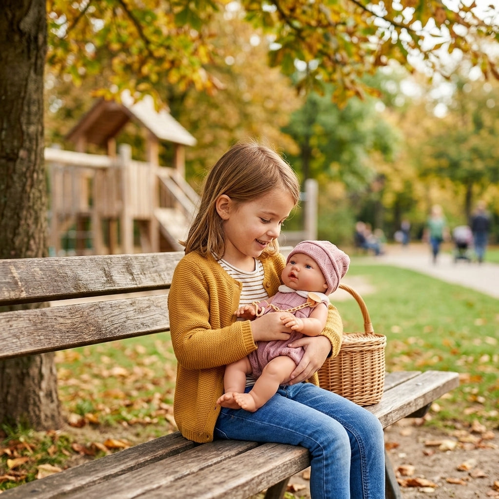 Lutka beba u kutiji – devojčica ljuljuška lutku bebu u parku