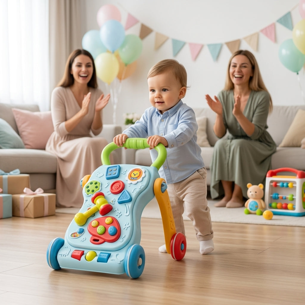 Bebi hodalica na proslavi prvog rođendana u svetloj dnevnoj sobi
