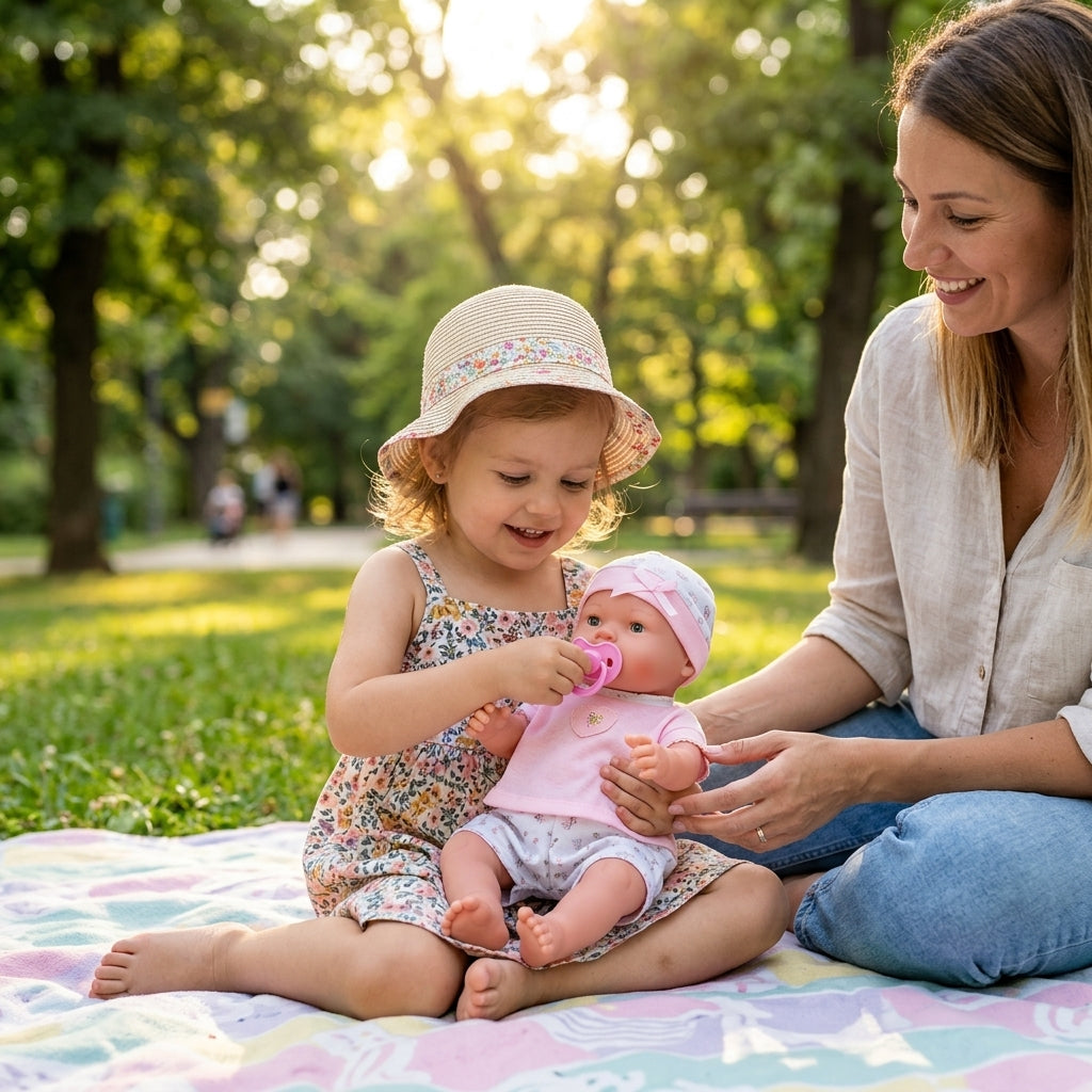 Interaktivna lutka beba Ema na pikniku u parku dok joj devojčica stavlja cuclu