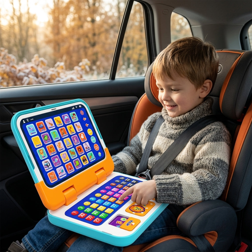 Interaktivni laptop 2 u 1 u krilu deteta u autosedištu tokom putovanja