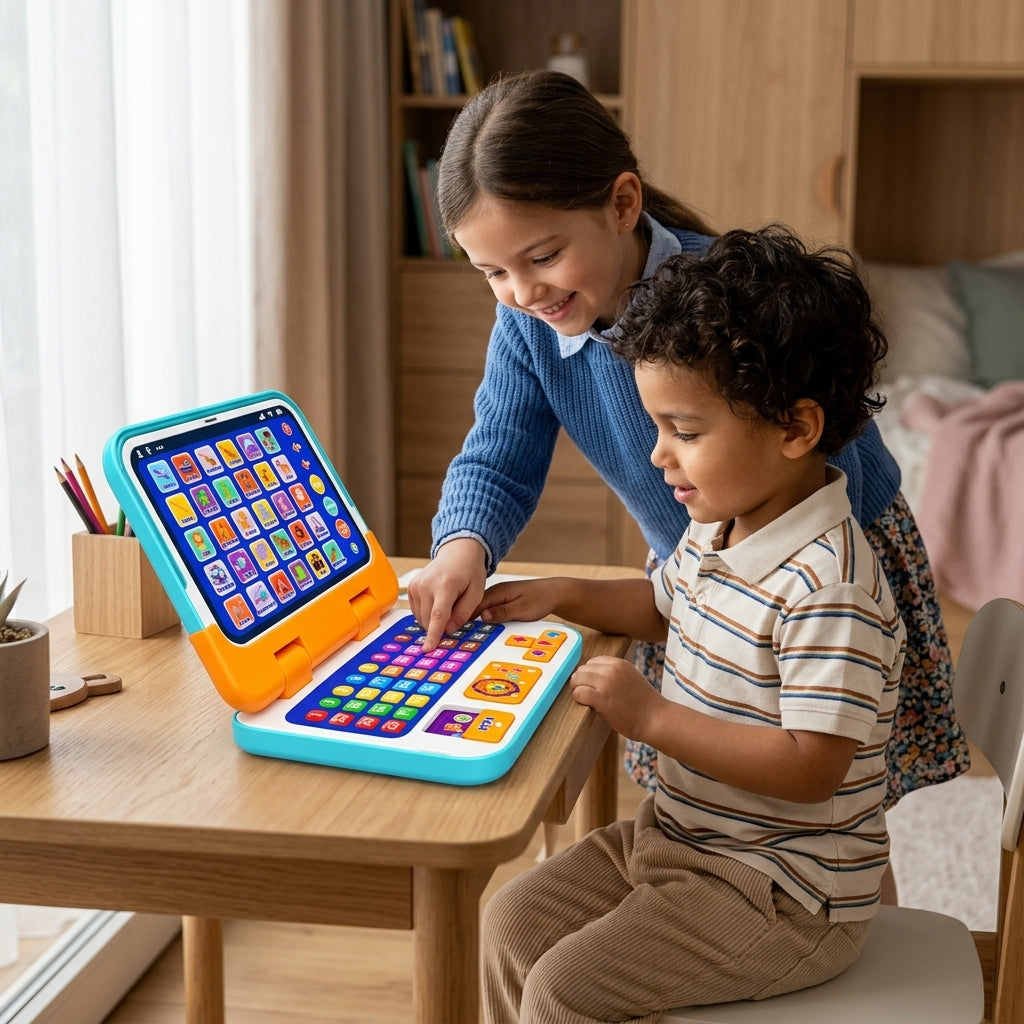 Interaktivni laptop 2 u 1 na dečijem stolu dok starija sestra pomaže mlađem bratu