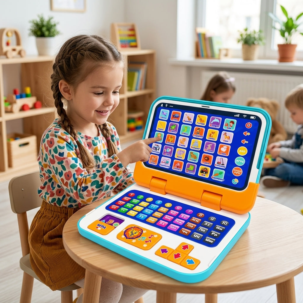 Interaktivni laptop 2 u 1 na stolu u vrtiću tokom slobodne edukativne igre