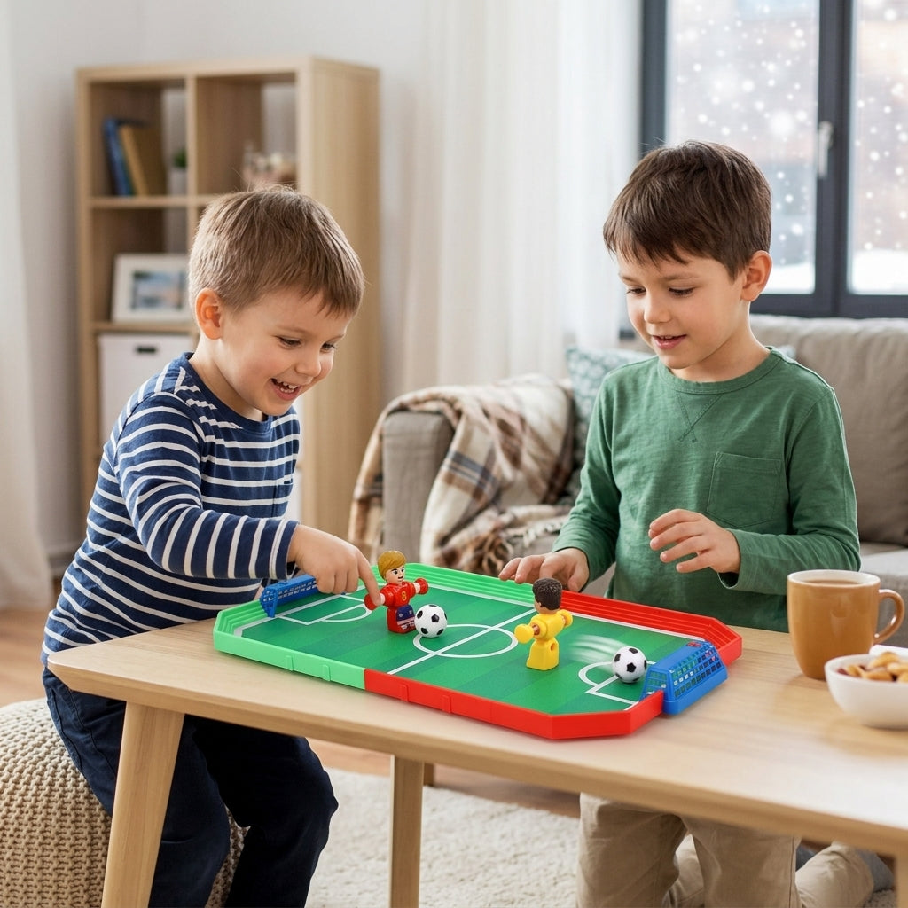 Fudbalski set spiner za decu na stočiću dok se dečaci igraju u toploj sobi