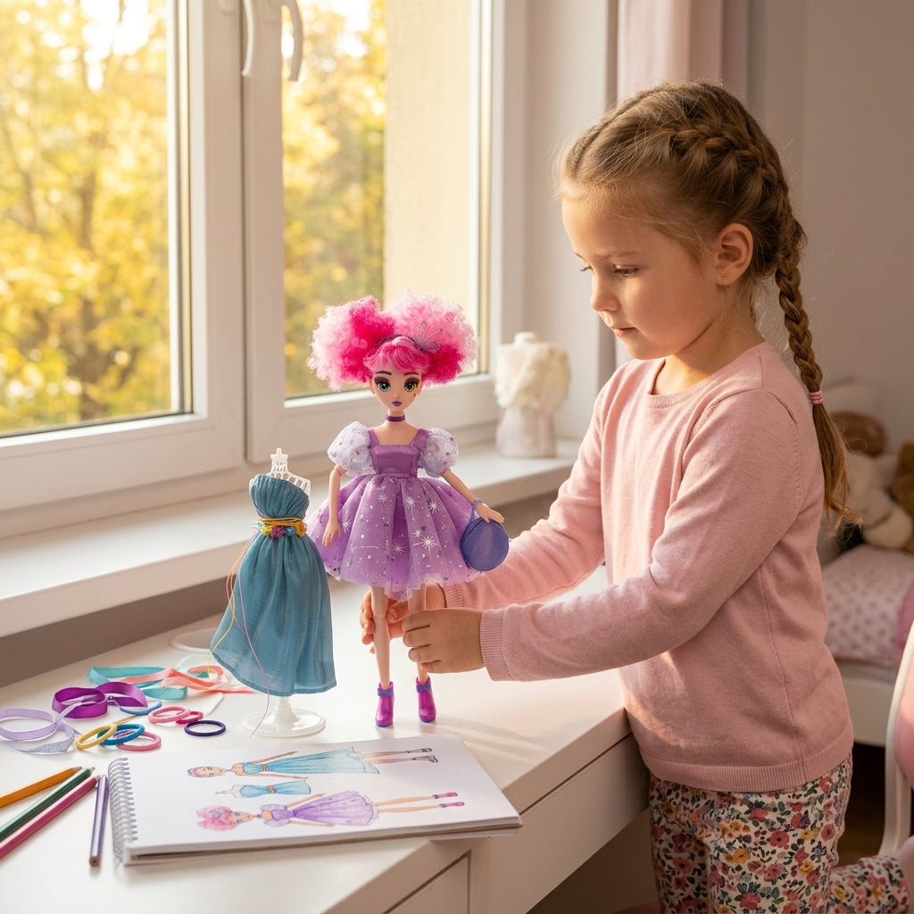 Lutka Cassie na radnom stolu u dečijoj sobi tokom kreativne igre oblačenja