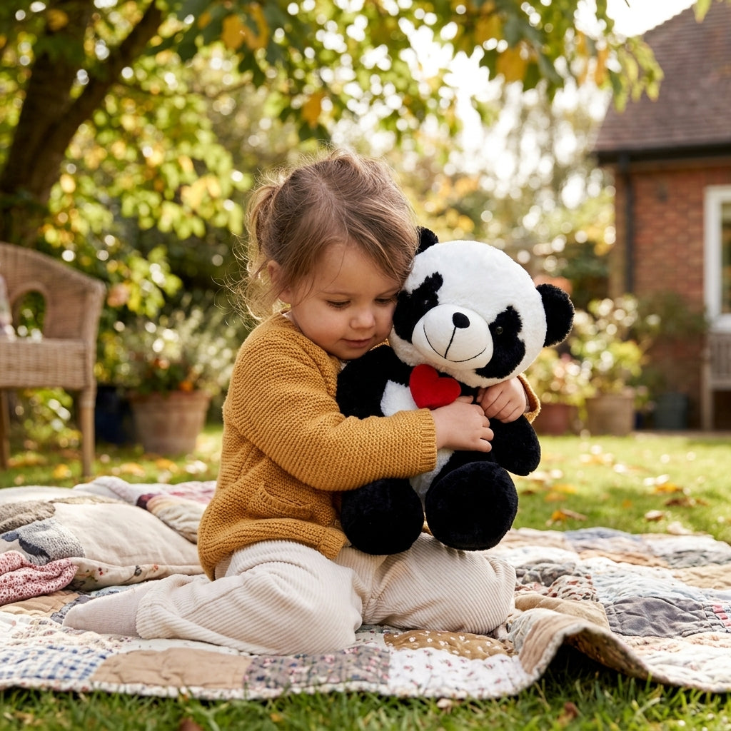 Plišana panda sa leptir mašnom koju devojčica grli na ćebetu u dvorištu