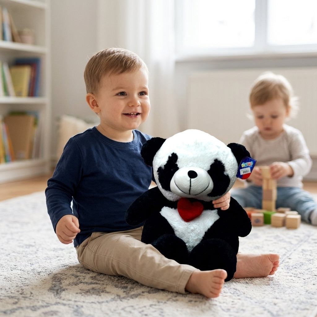 Plišana panda sa leptir mašnom u rukama dečaka tokom posete prijateljima