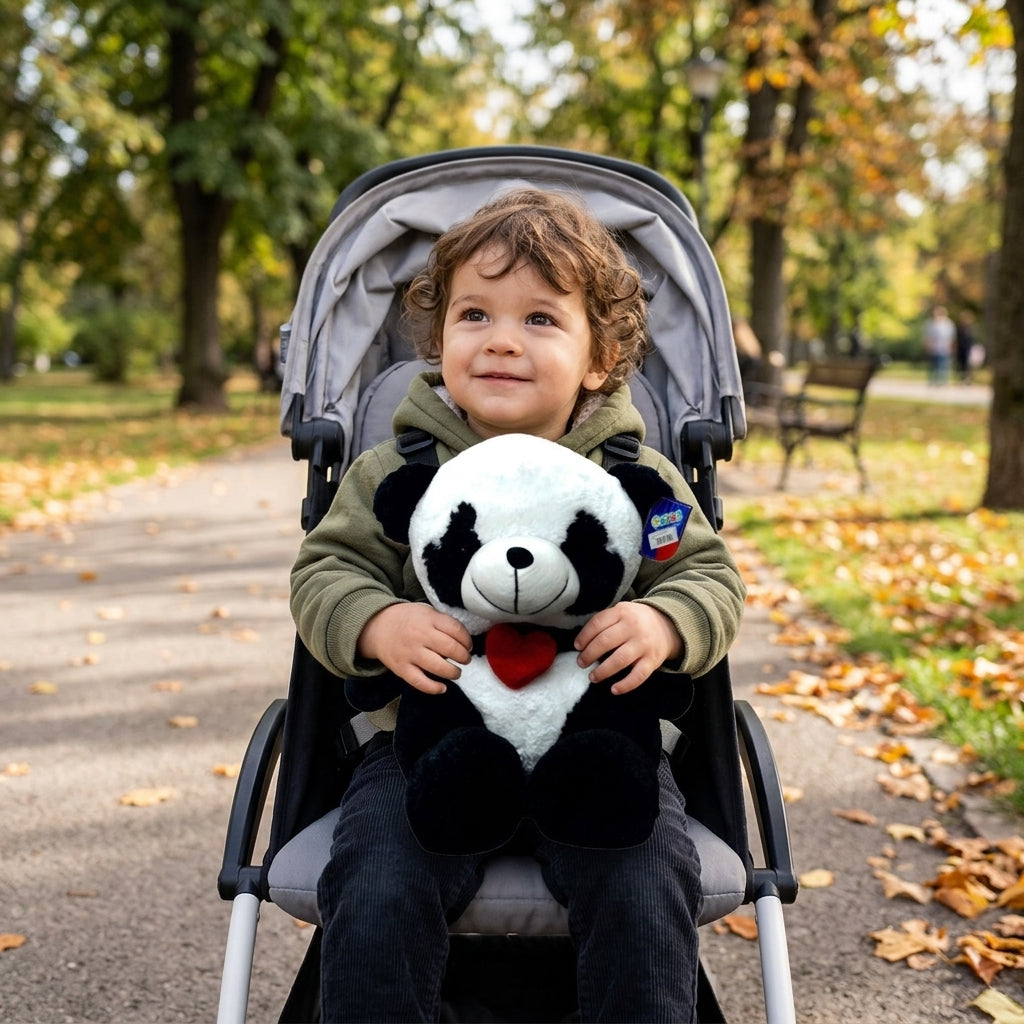 Plišana panda sa leptir mašnom u krilu mališana u kolicima tokom jesenje šetnje