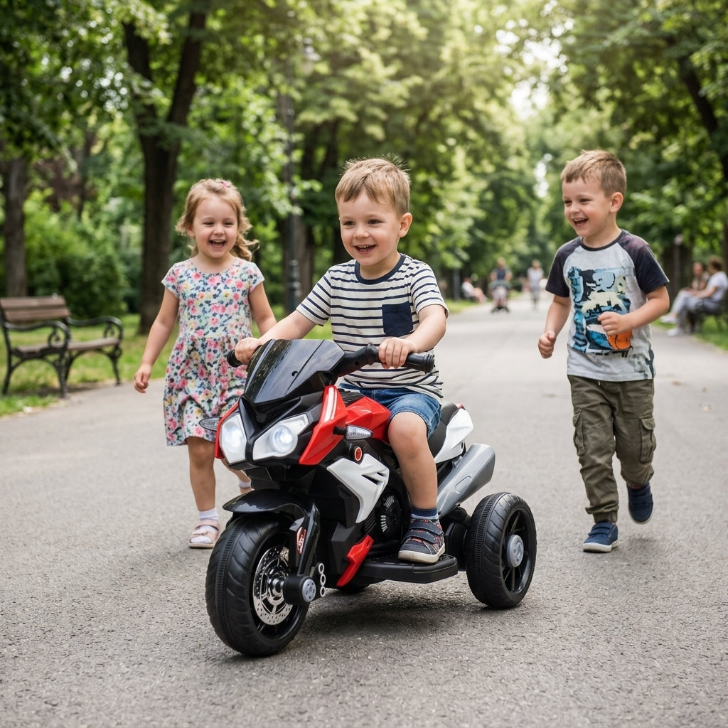 Motor na akumulator crveni 88 cm u vožnji asfaltiranom stazom u parku u društvu dece