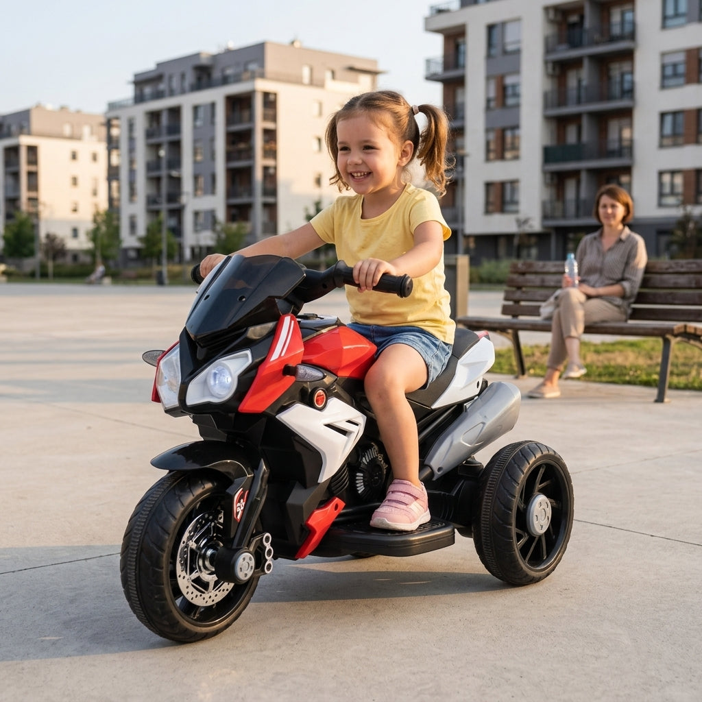 Motor na akumulator crveni 88 cm u vožnji po ravnom platou ispred zgrade pred zalazak sunca