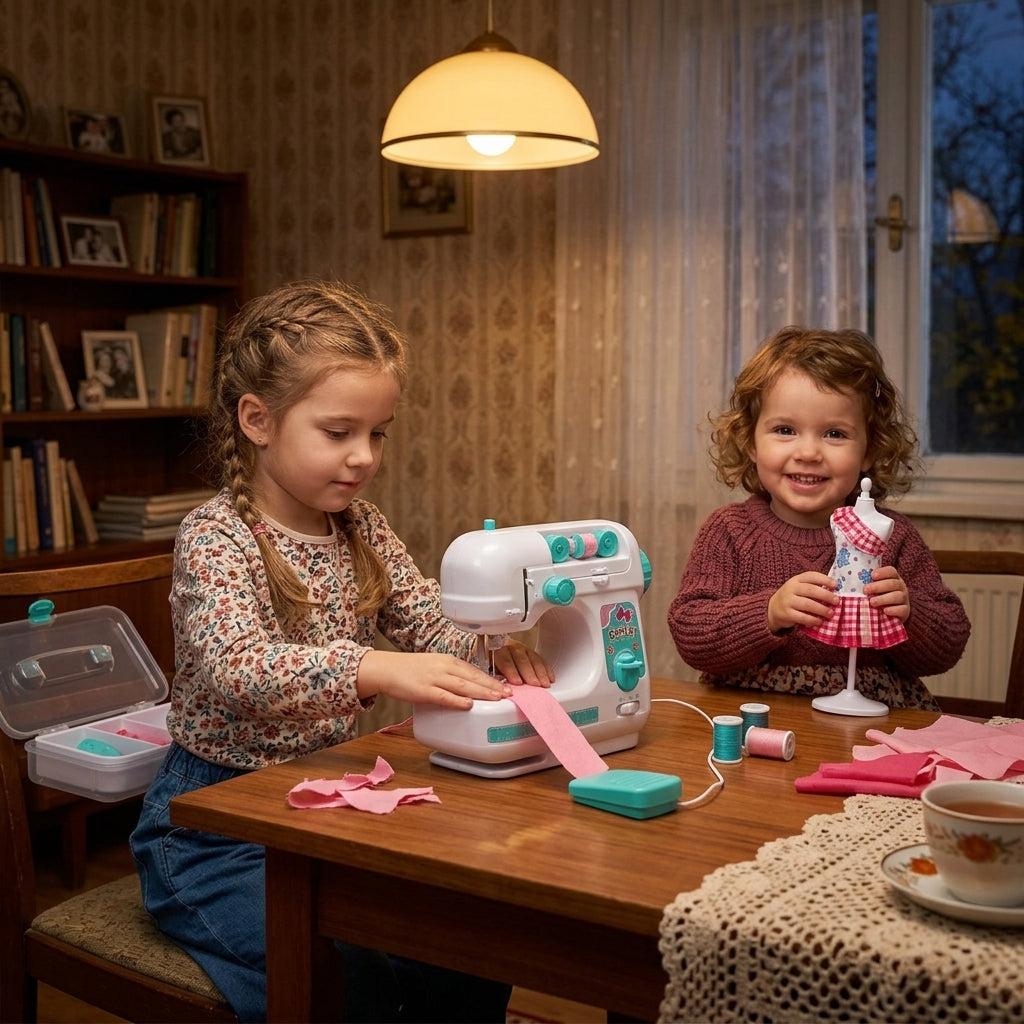 Dečja mašina za šivenje sa dodacima na stolu dok se devojčice igraju kod bake